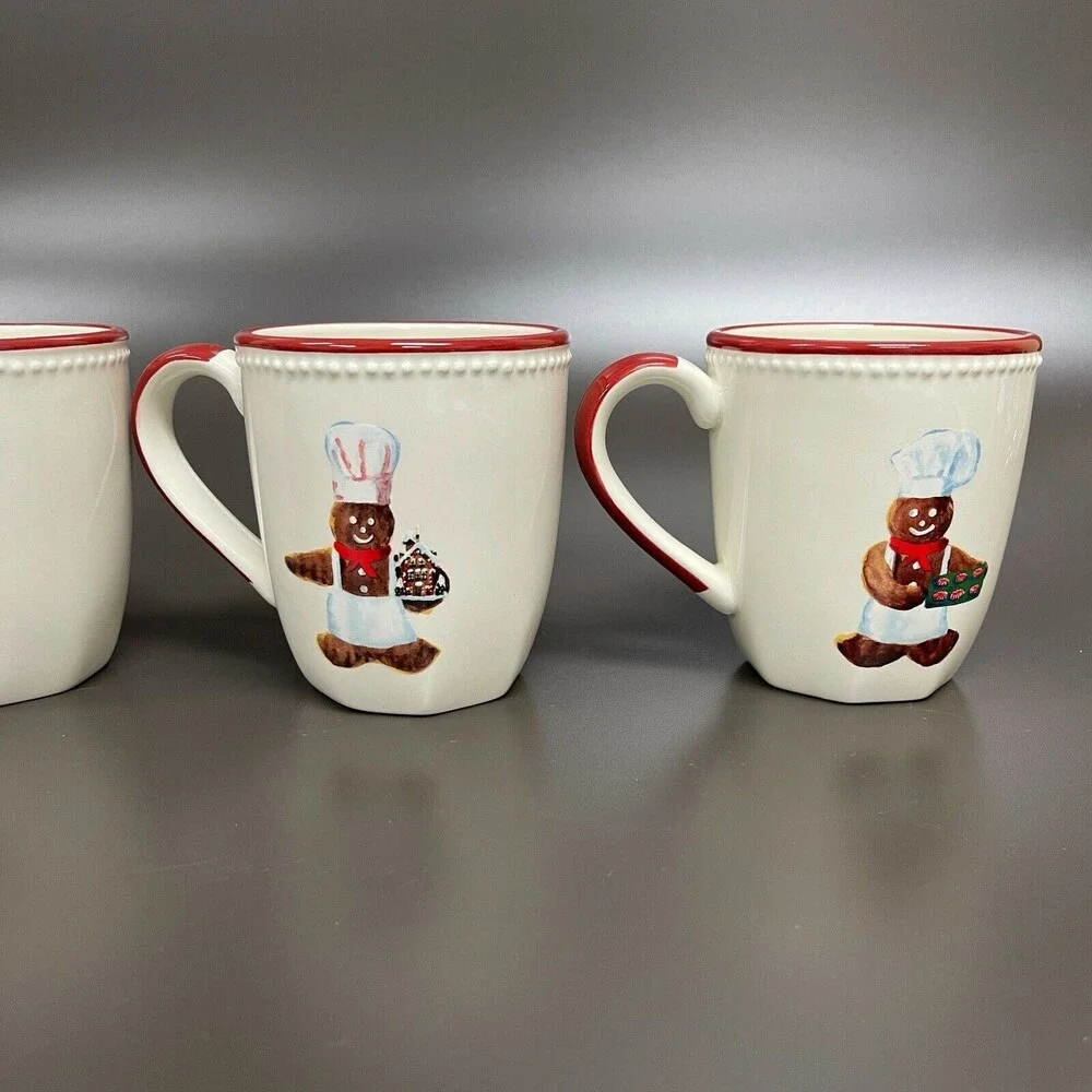 Williams Sonoma Gingerbread Chef Mugs Cups Earthenware Dishwasher Safe Lot of 4